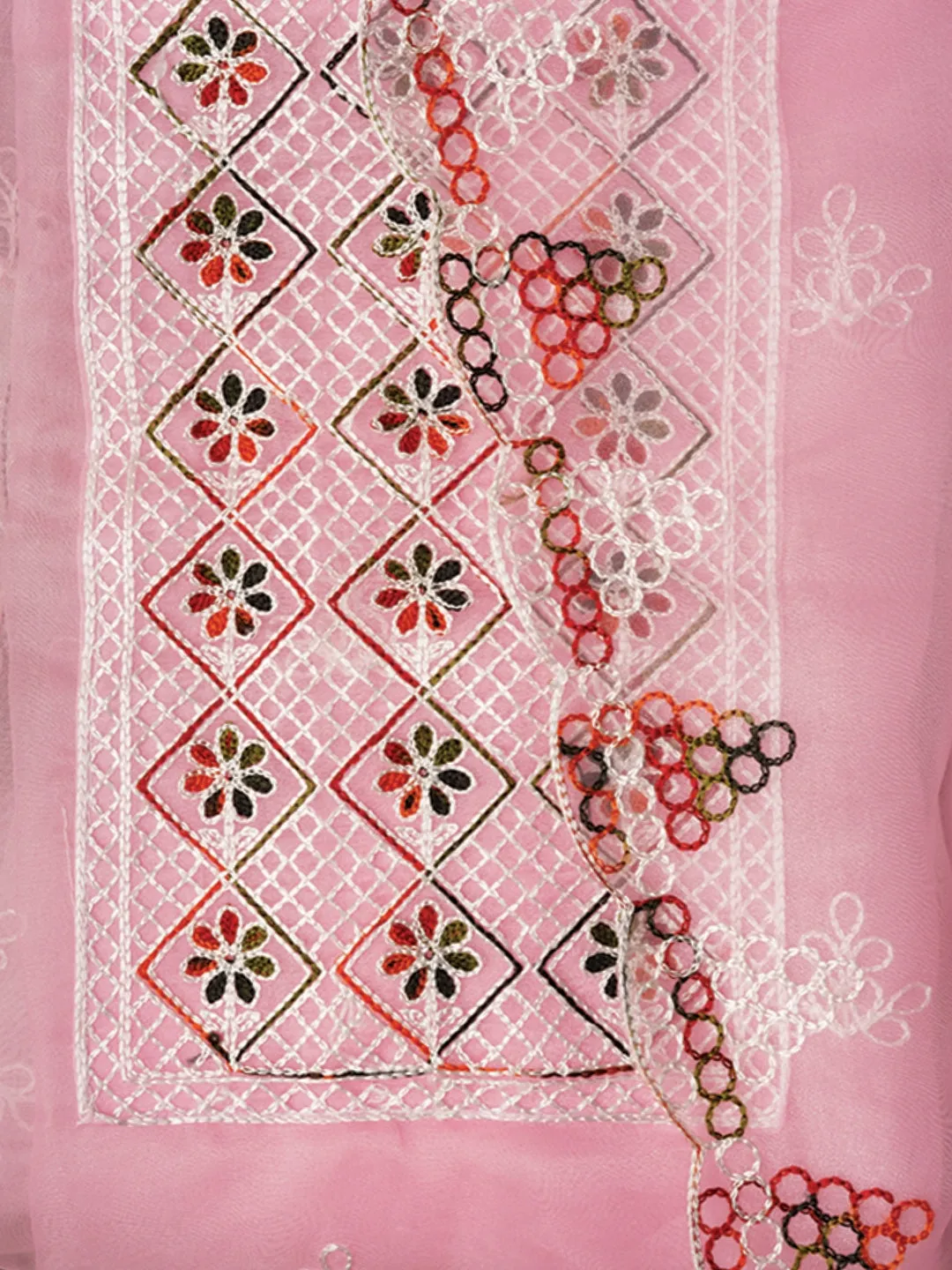 Pink Zari Embroidered Organza Dress Material with Dupatta