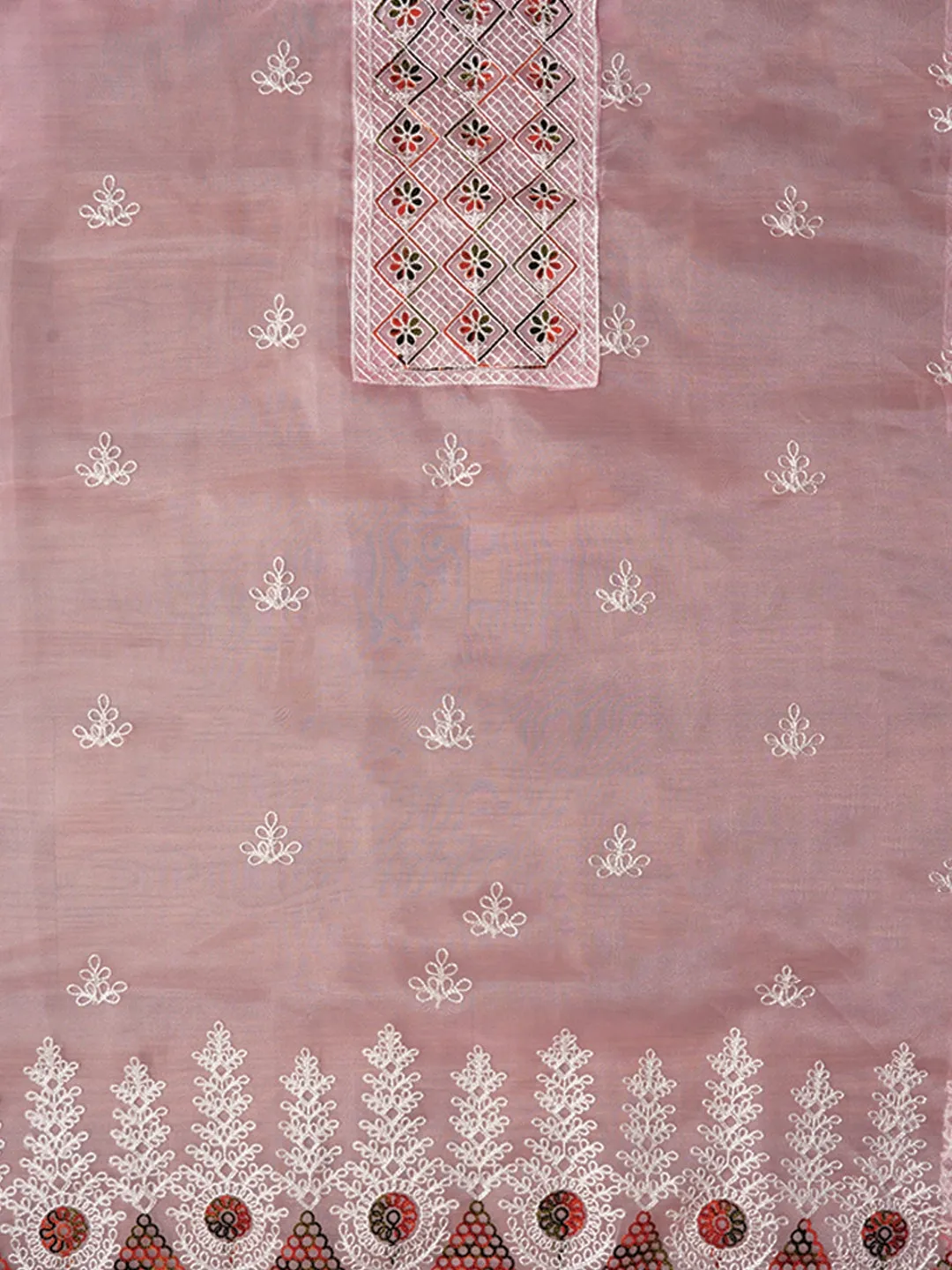 Pink Zari Embroidered Organza Dress Material with Dupatta