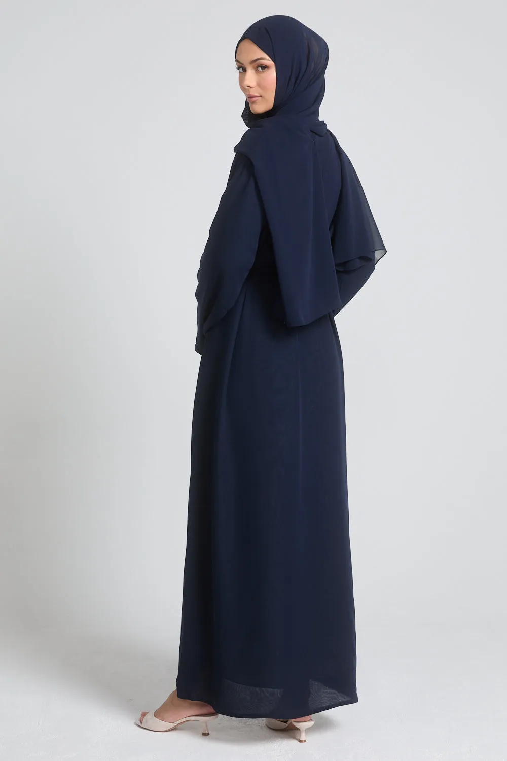 Plain Double Chiffon Open Abaya - Navy