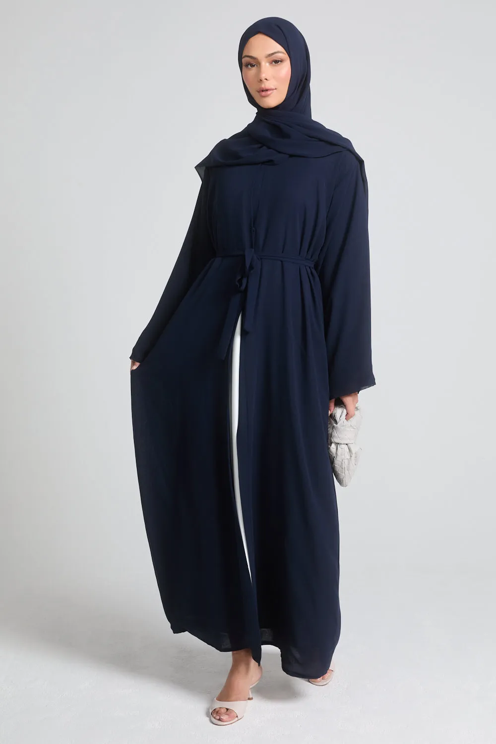 Plain Double Chiffon Open Abaya - Navy