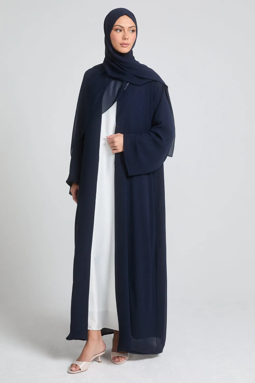 Plain Double Chiffon Open Abaya - Navy