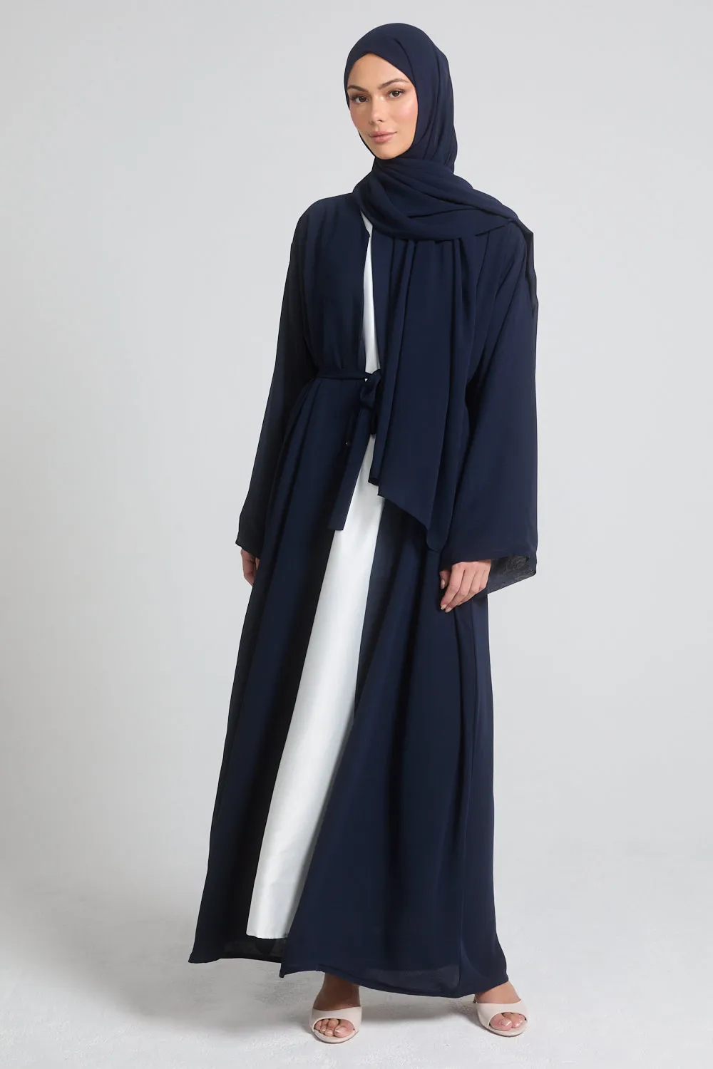 Plain Double Chiffon Open Abaya - Navy