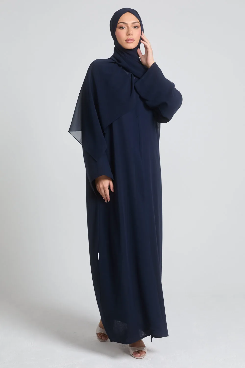Plain Double Chiffon Open Abaya - Navy