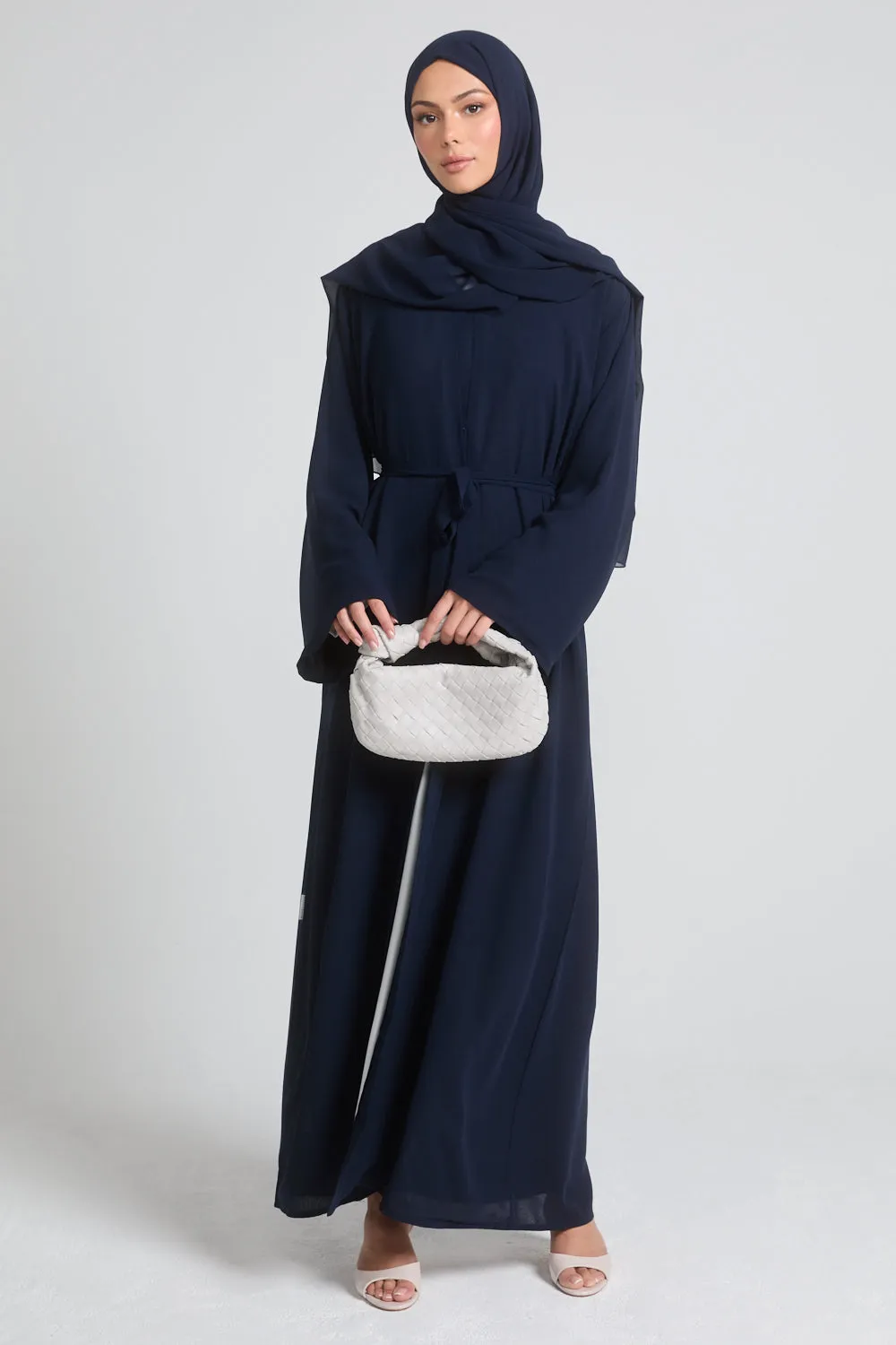 Plain Double Chiffon Open Abaya - Navy