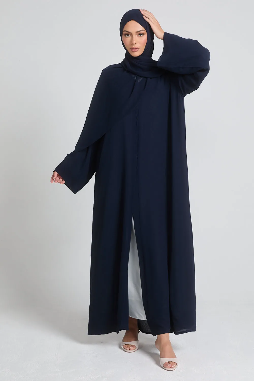 Plain Double Chiffon Open Abaya - Navy