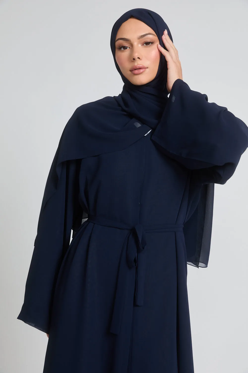 Plain Double Chiffon Open Abaya - Navy