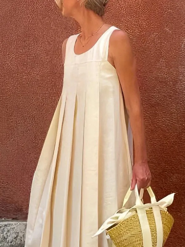 Pleated Solid Color Loose Sleeveless Round-Neck Maxi Dresses