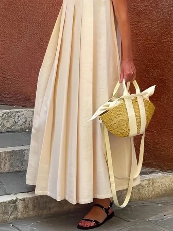 Pleated Solid Color Loose Sleeveless Round-Neck Maxi Dresses