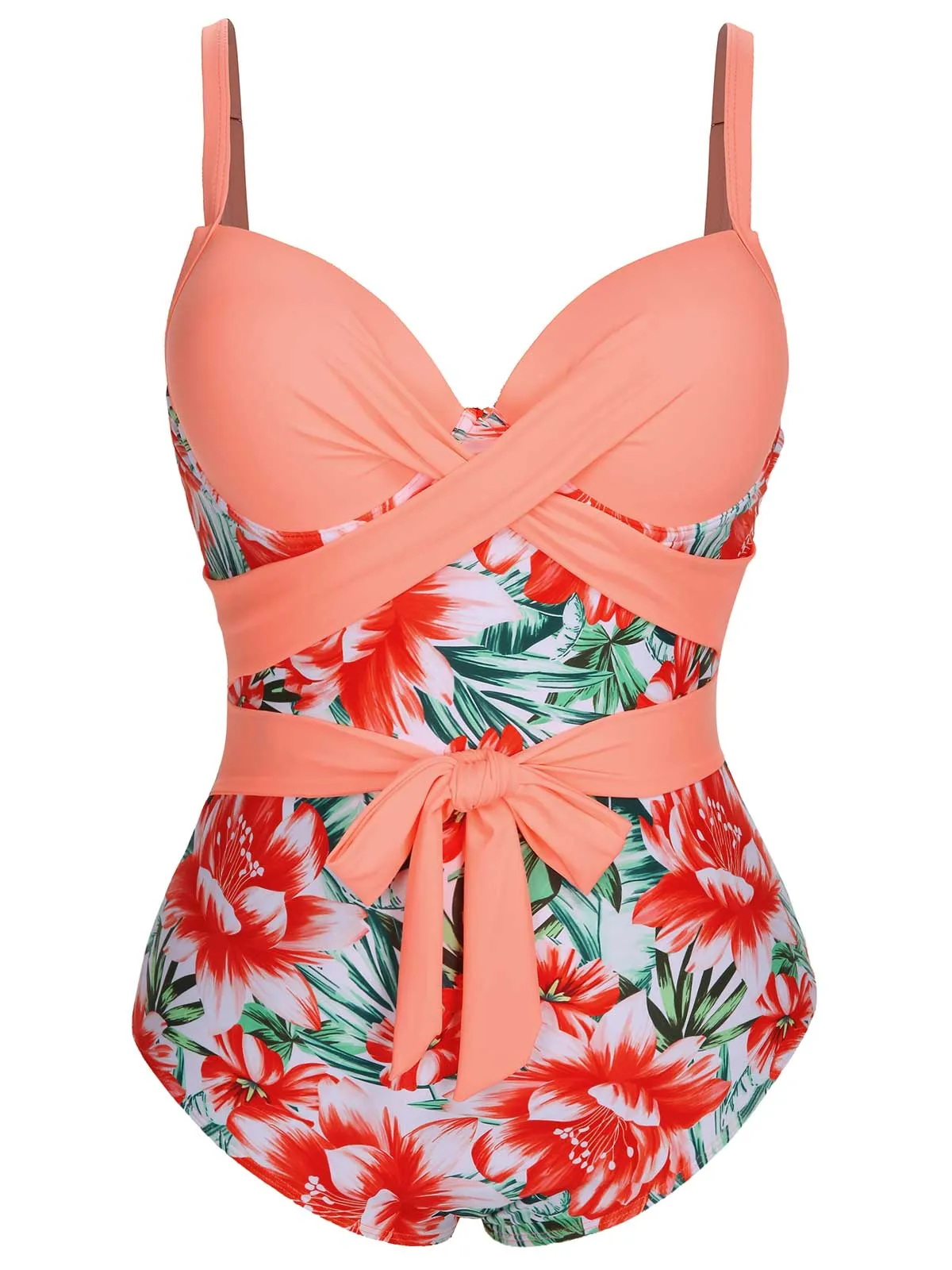 [Plus Size] 1940s Strap Flowers One-Piece Swimsuit