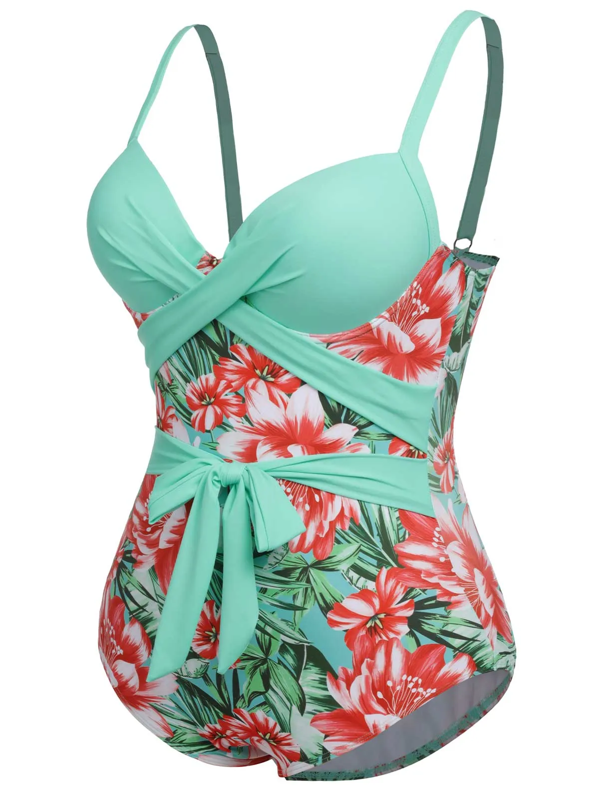 [Plus Size] 1940s Strap Flowers One-Piece Swimsuit