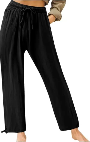 Plus Size Solid Relaxed Crinkle Pants Wide Leg Casual Summer High Waist Trousers Fashion Work Office Cropped Pant
