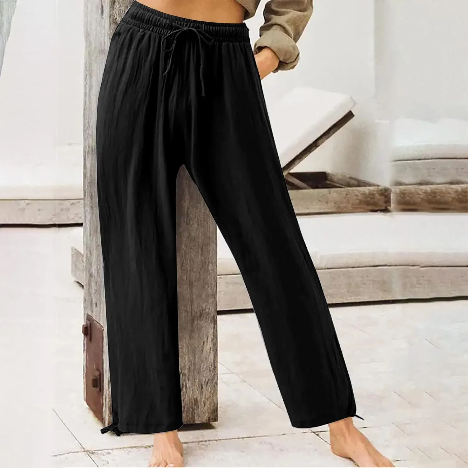 Plus Size Solid Relaxed Crinkle Pants Wide Leg Casual Summer High Waist Trousers Fashion Work Office Cropped Pant
