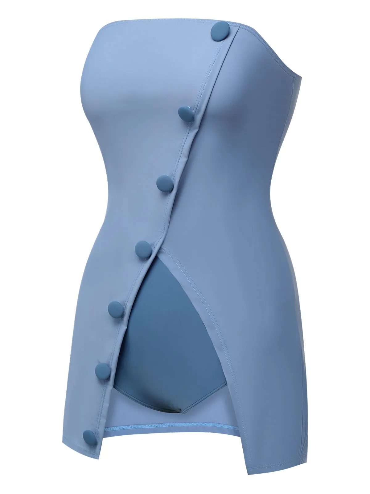 [Pre-Sale] Blue 1930s Solid Buttoned Bandeau Swimsuit