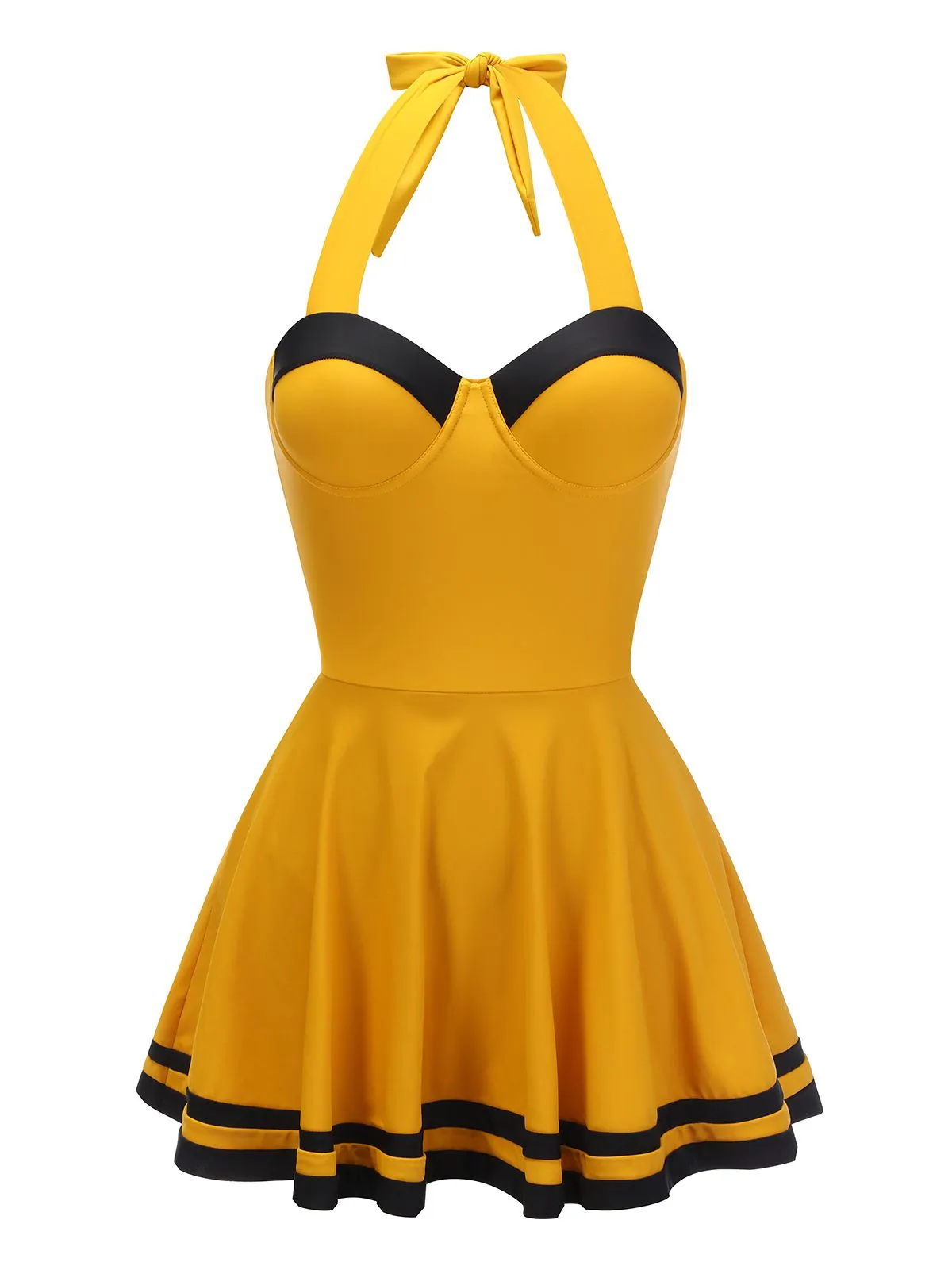 [Pre-Sale] Yellow 1940s Contrast Halter Patchwork Swimsuit