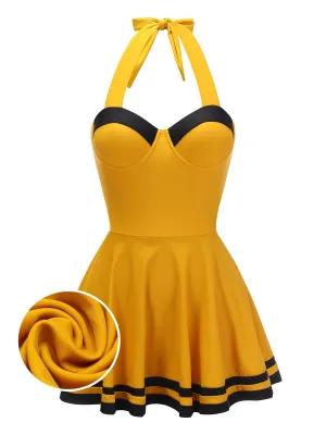 [Pre-Sale] Yellow 1940s Contrast Halter Patchwork Swimsuit