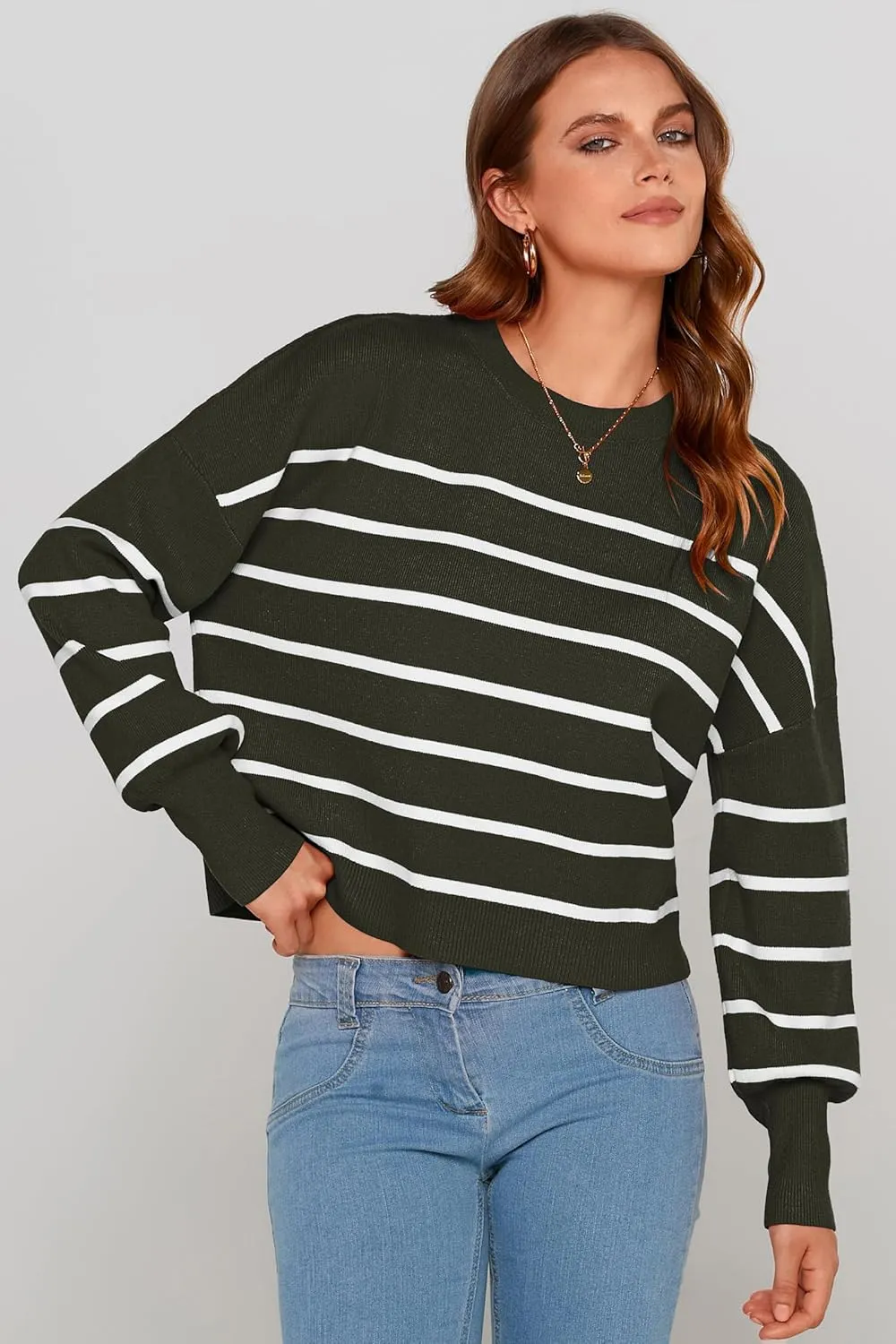 PRETTYGARDEN Women's Fall Cropped Striped Sweaters Casual Long Sleeve Crewneck Pullover Oversized Winter Tops Jumper