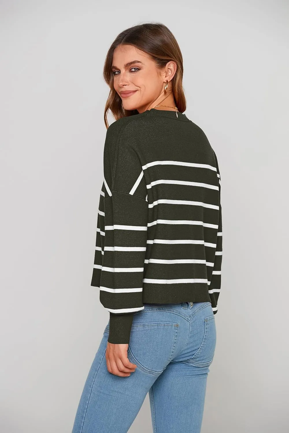 PRETTYGARDEN Women's Fall Cropped Striped Sweaters Casual Long Sleeve Crewneck Pullover Oversized Winter Tops Jumper