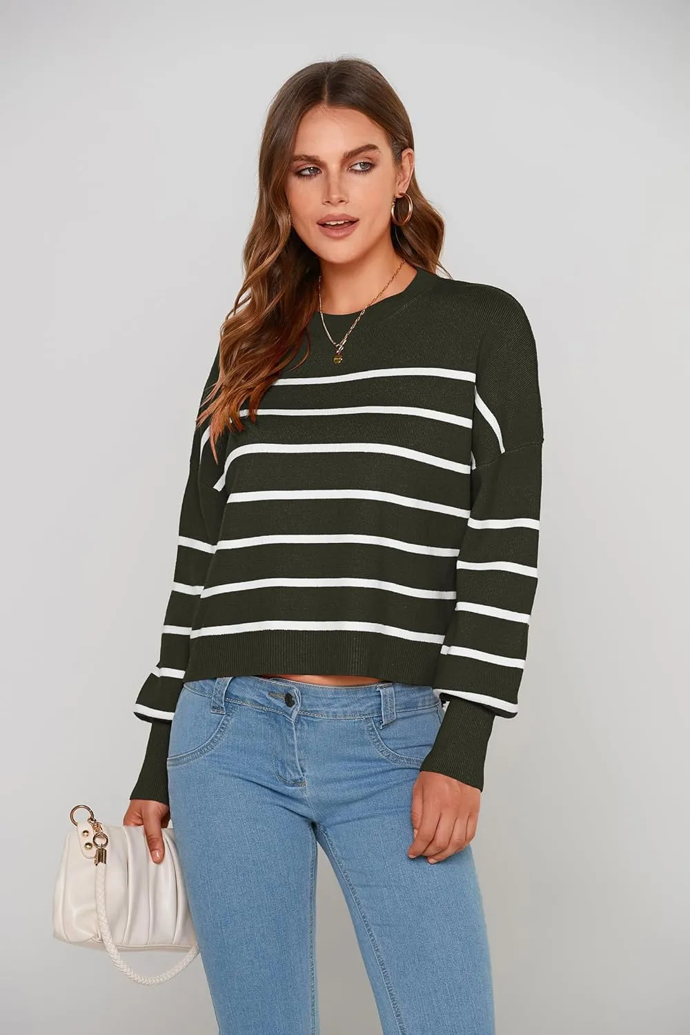 PRETTYGARDEN Women's Fall Cropped Striped Sweaters Casual Long Sleeve Crewneck Pullover Oversized Winter Tops Jumper