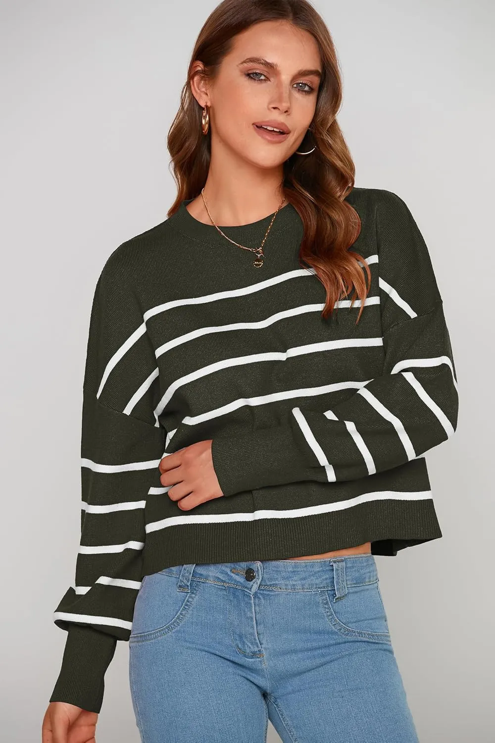 PRETTYGARDEN Women's Fall Cropped Striped Sweaters Casual Long Sleeve Crewneck Pullover Oversized Winter Tops Jumper