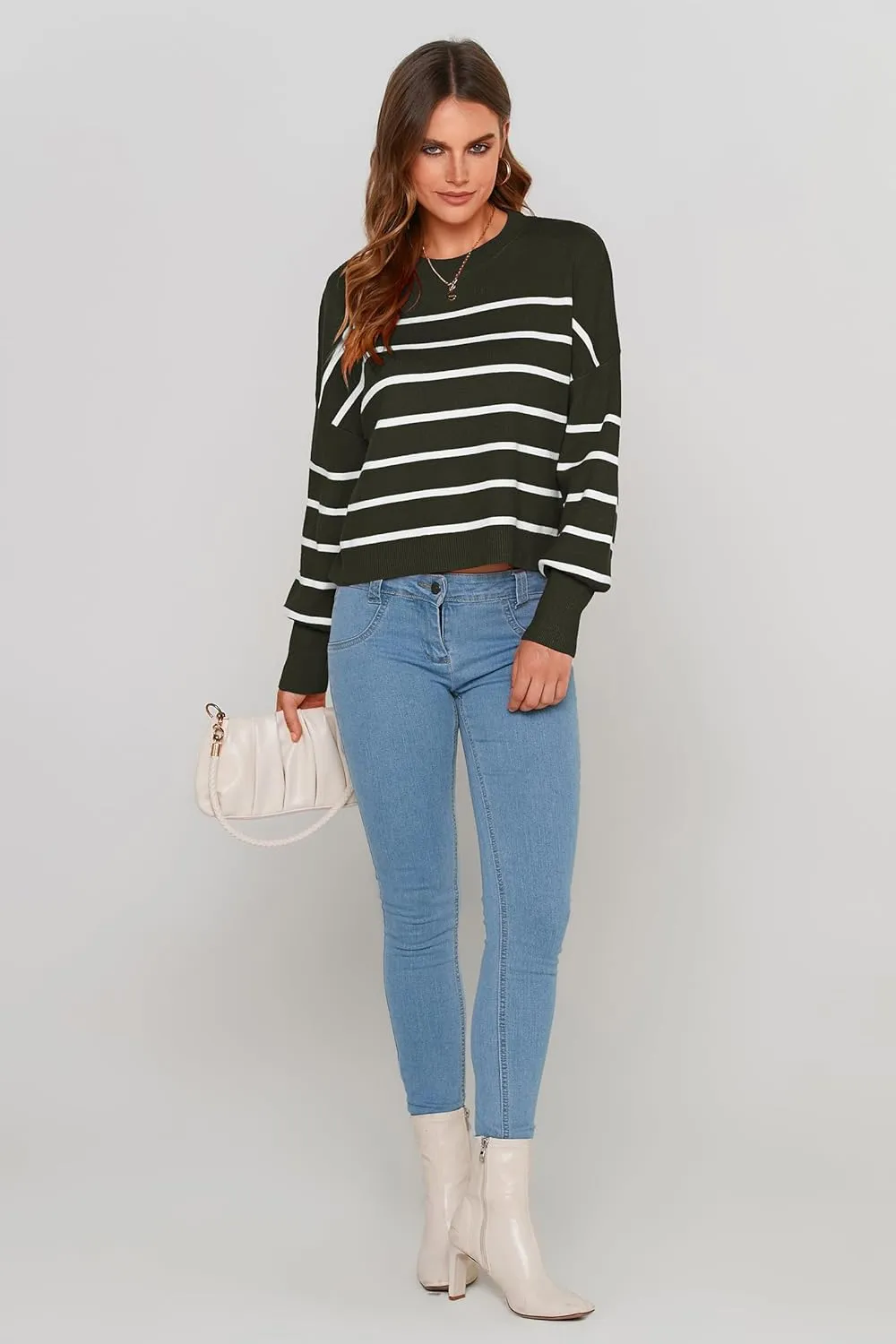 PRETTYGARDEN Women's Fall Cropped Striped Sweaters Casual Long Sleeve Crewneck Pullover Oversized Winter Tops Jumper