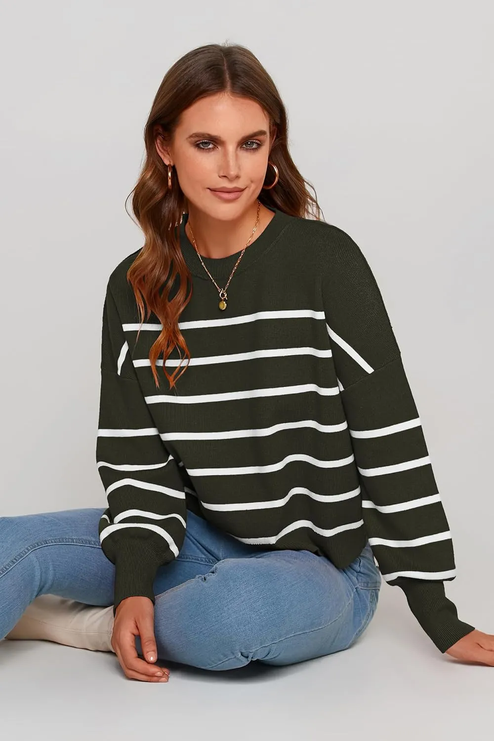 PRETTYGARDEN Women's Fall Cropped Striped Sweaters Casual Long Sleeve Crewneck Pullover Oversized Winter Tops Jumper