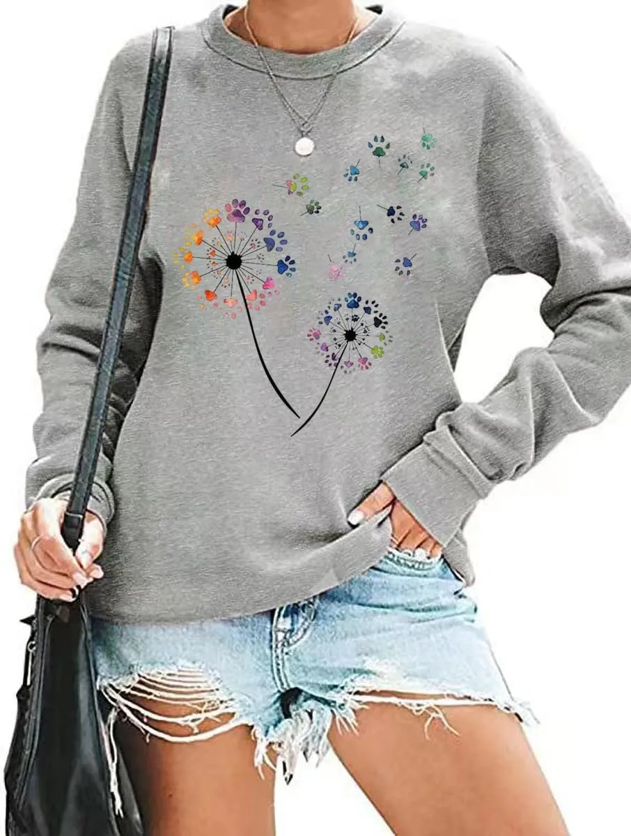 Qbily Women's Floral Printed Sweatshirt Casual Fall Wildflowers Graphic Tees Pullover Tops