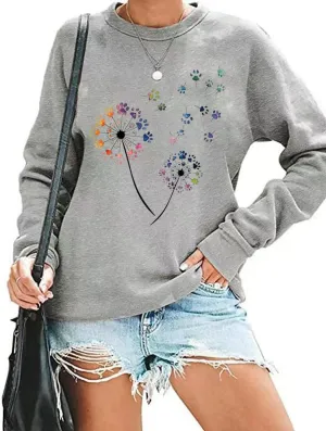 Qbily Women's Floral Printed Sweatshirt Casual Fall Wildflowers Graphic Tees Pullover Tops