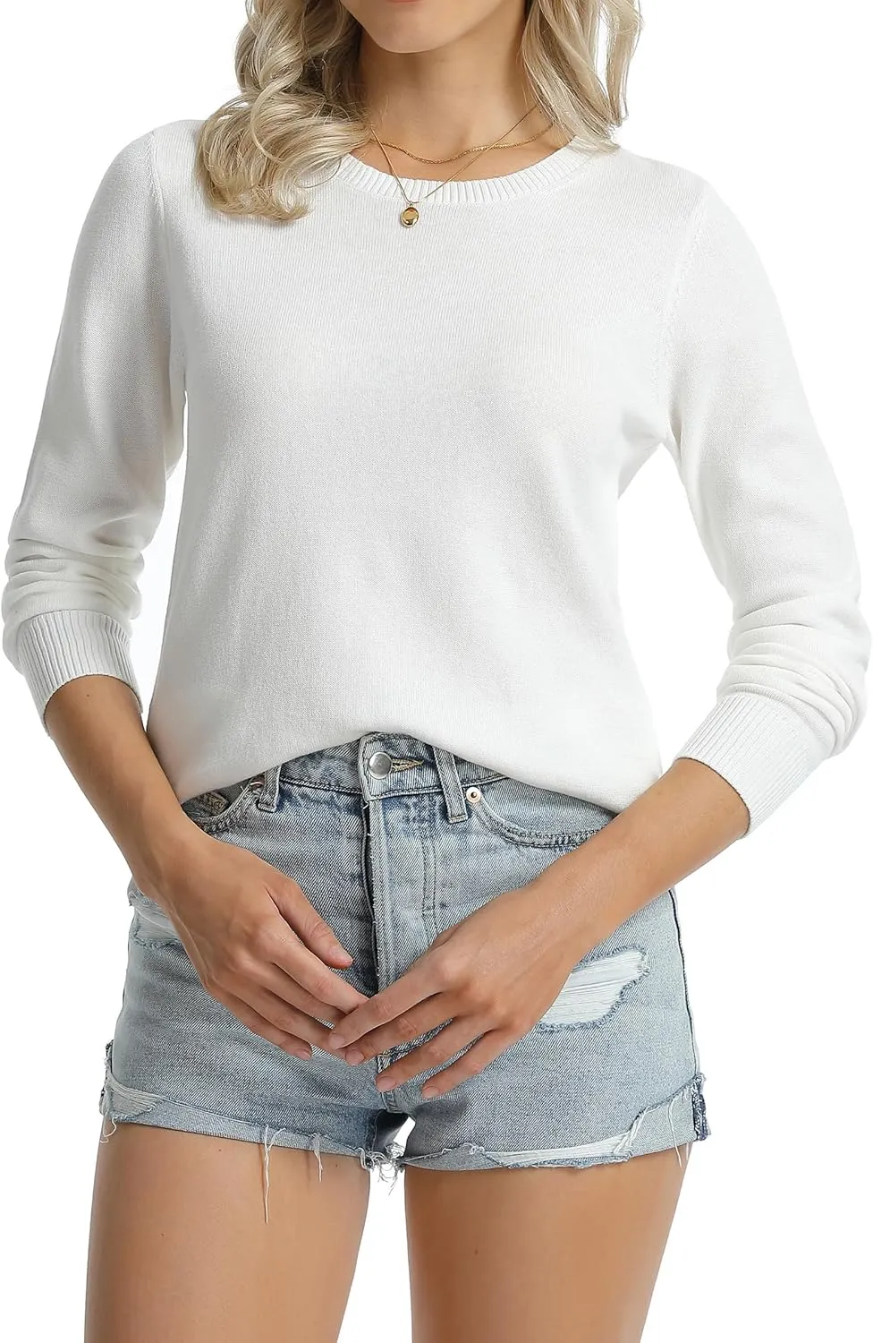 QUALFORT Women's 100% Cotton Sweater Midweight Long Sleeve Soft Pullover Knit Tops