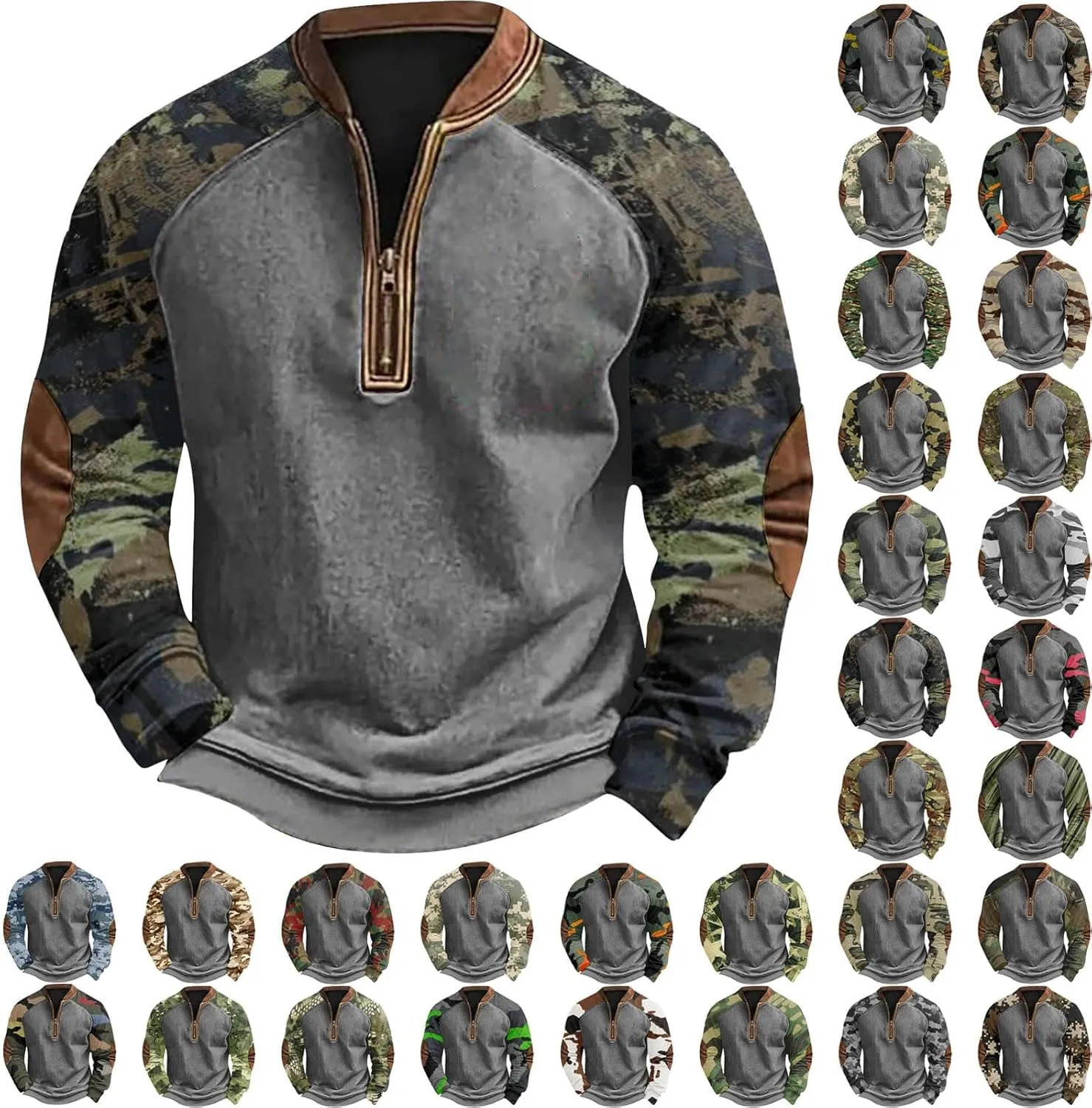 QWENTMTNTY Camo Sweatshirt for Men Crewneck Camouflage Western Light Weight Big and Tall Zip Cool Vintage Pullover Shirts