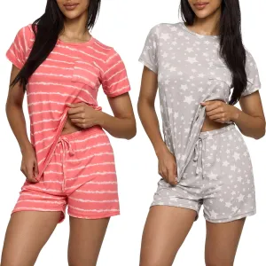 Real Essentials 2 Pack: Ultra Soft Womens Pajama Set Short Sleeve and Shorts Lounge & Sleepwear (Available In Plus)