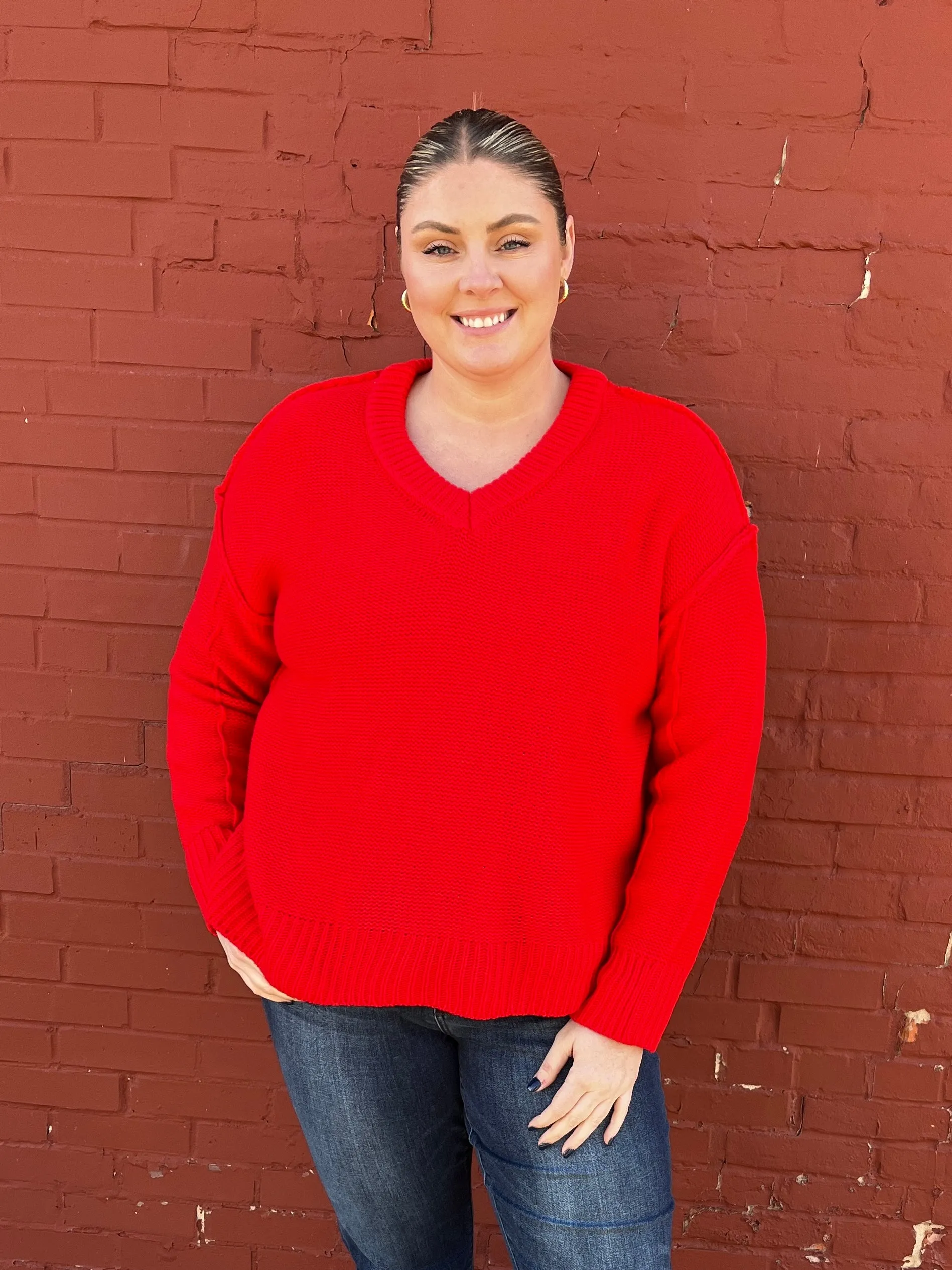 Red Chunky V-Neck Sweater