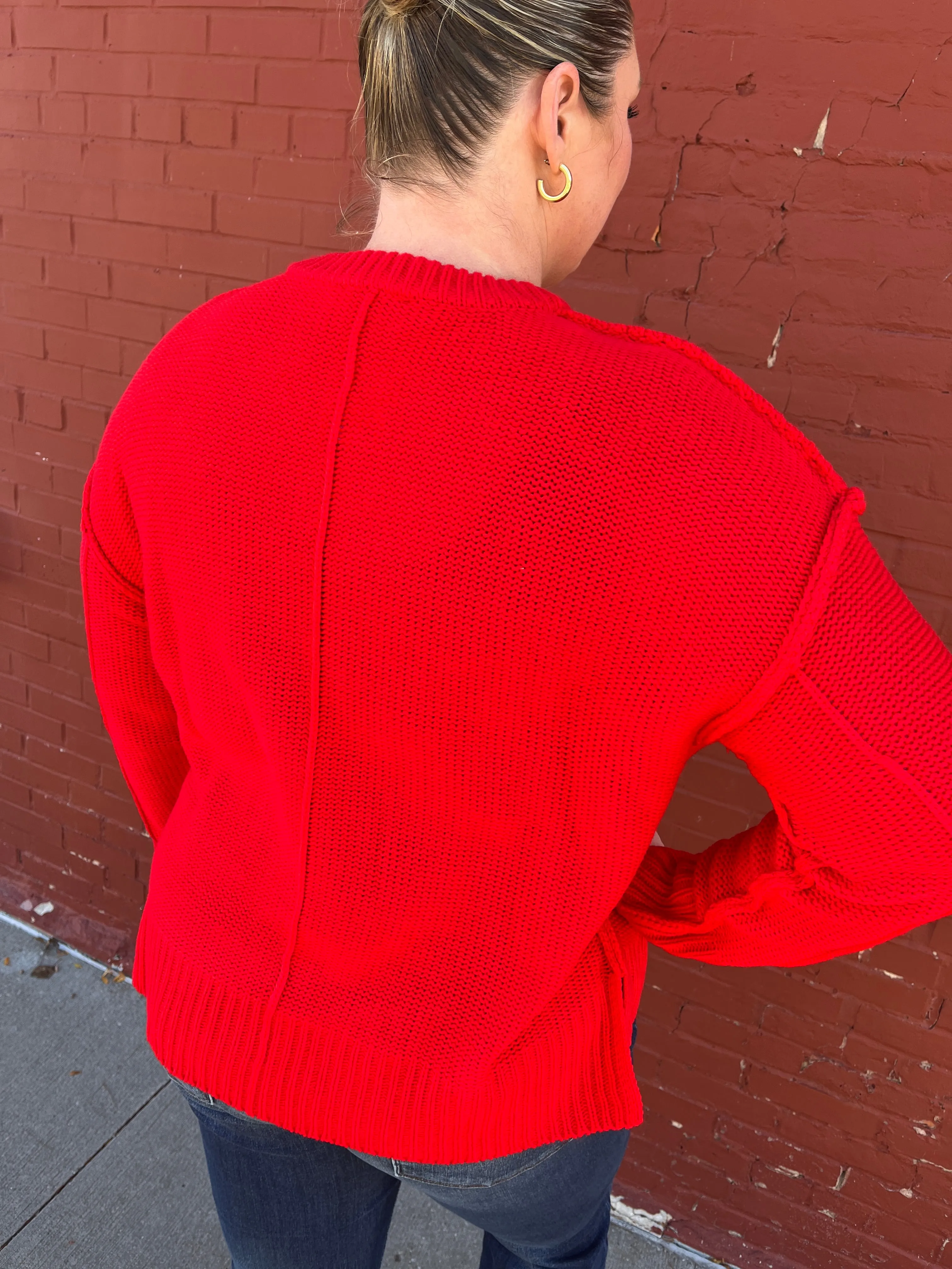Red Chunky V-Neck Sweater