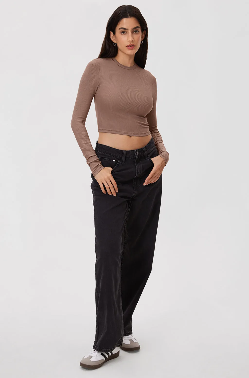 Ribbed Long Sleeve Crew Neck Crop Top