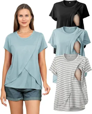 Rnxrbb 3 Pack Women's Nursing Tops for Breastfeeding Summer Short Sleeve T Shirts Postpartum Double Layer Clothes