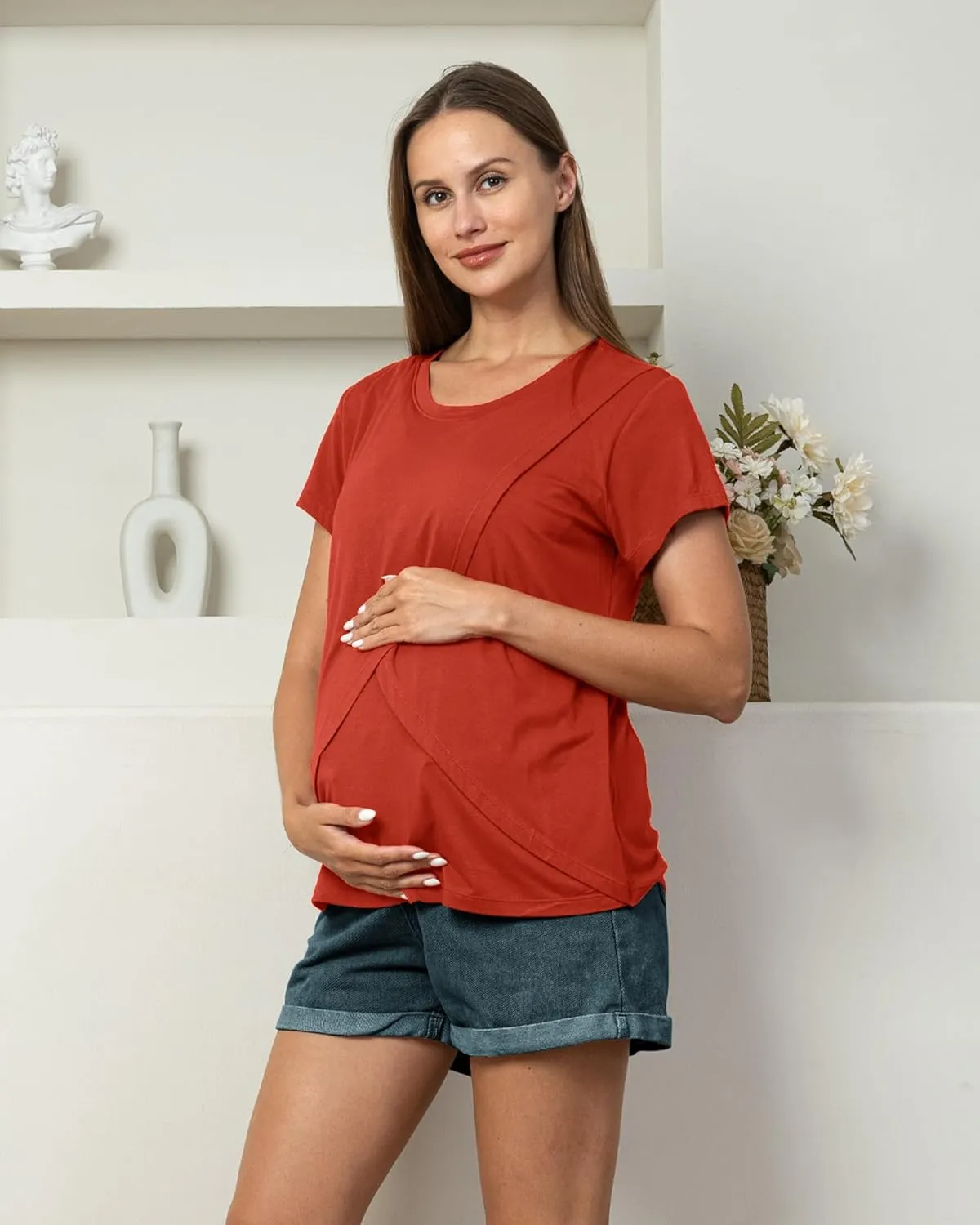 Rnxrbb 3 Pack Women's Nursing Tops for Breastfeeding Summer Short Sleeve T Shirts Postpartum Double Layer Clothes