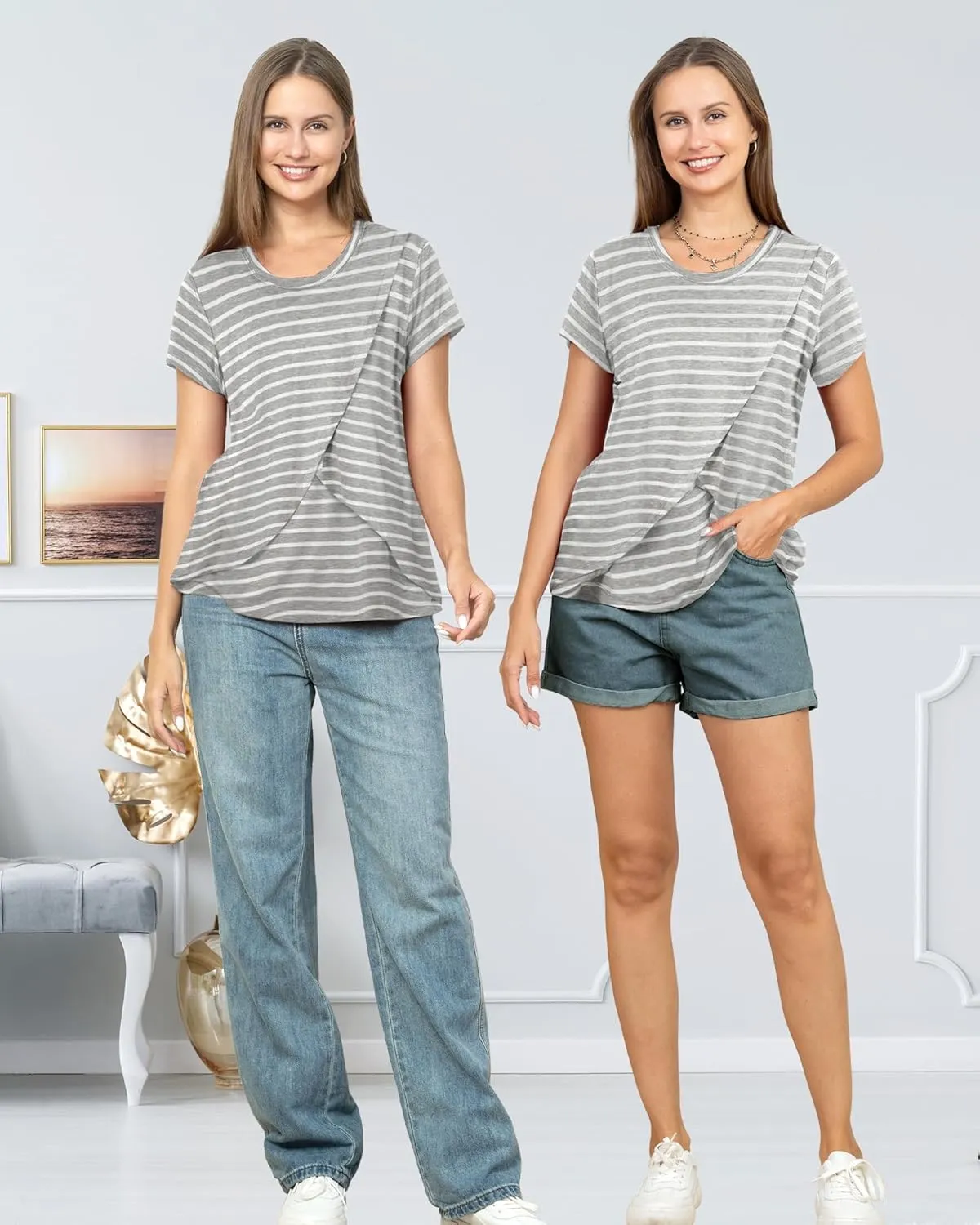 Rnxrbb 3 Pack Women's Nursing Tops for Breastfeeding Summer Short Sleeve T Shirts Postpartum Double Layer Clothes
