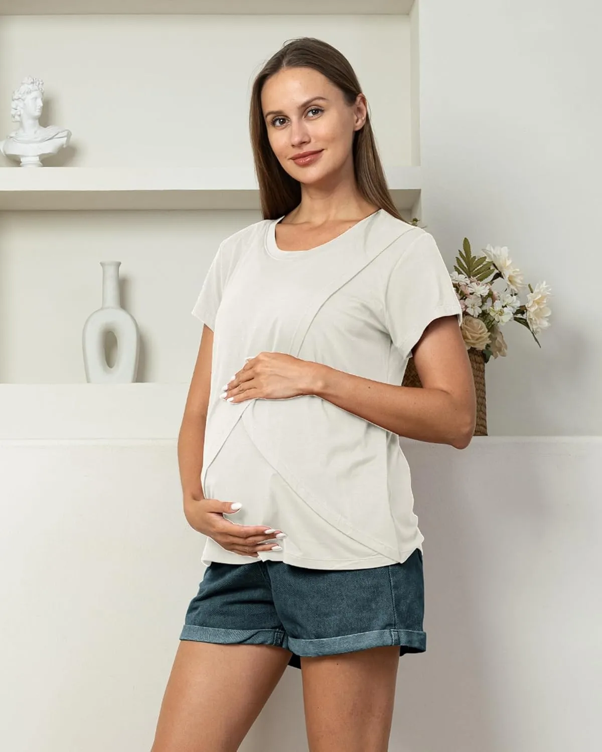 Rnxrbb 3 Pack Women's Nursing Tops for Breastfeeding Summer Short Sleeve T Shirts Postpartum Double Layer Clothes