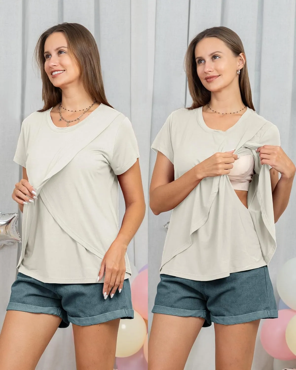 Rnxrbb 3 Pack Women's Nursing Tops for Breastfeeding Summer Short Sleeve T Shirts Postpartum Double Layer Clothes