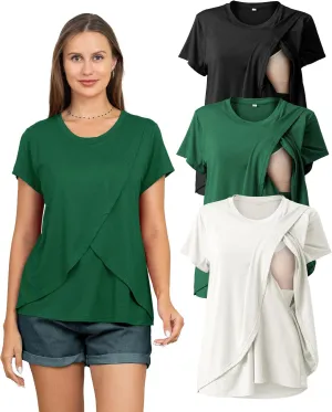 Rnxrbb 3 Pack Women's Nursing Tops for Breastfeeding Summer Short Sleeve T Shirts Postpartum Double Layer Clothes