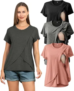 Rnxrbb 3 Pack Women's Nursing Tops for Breastfeeding Summer Short Sleeve T Shirts Postpartum Double Layer Clothes