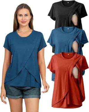 Rnxrbb 3 Pack Women's Nursing Tops for Breastfeeding Summer Short Sleeve T Shirts Postpartum Double Layer Clothes