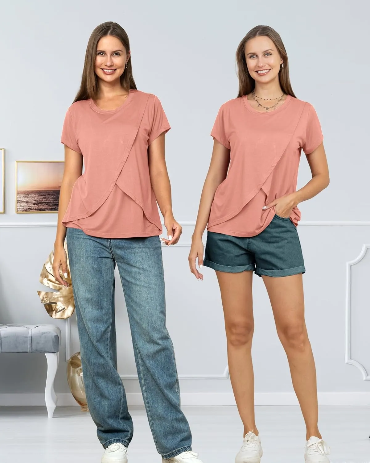 Rnxrbb 3 Pack Women's Nursing Tops for Breastfeeding Summer Short Sleeve T Shirts Postpartum Double Layer Clothes
