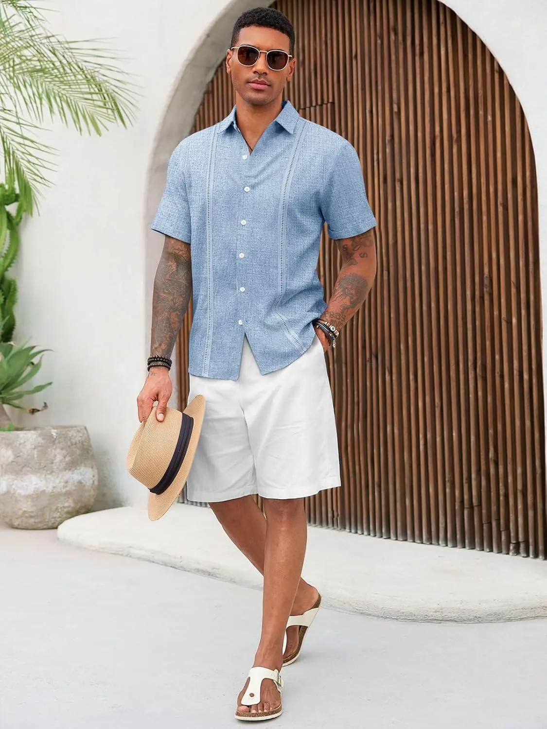 Runcati Mens Cuban Guayabera Shirts Short Sleeve Linen Casual Shirt Button Down Beach Summer Mexican Shirts
