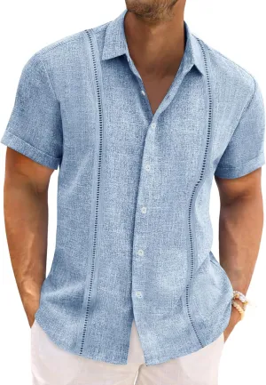 Runcati Mens Cuban Guayabera Shirts Short Sleeve Linen Casual Shirt Button Down Beach Summer Mexican Shirts