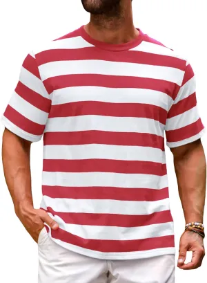 Runcati Mens Short Sleeve T-Shirts Striped Casual Crewneck Basic Shirt Color Block Stretch Summer Beach Tees