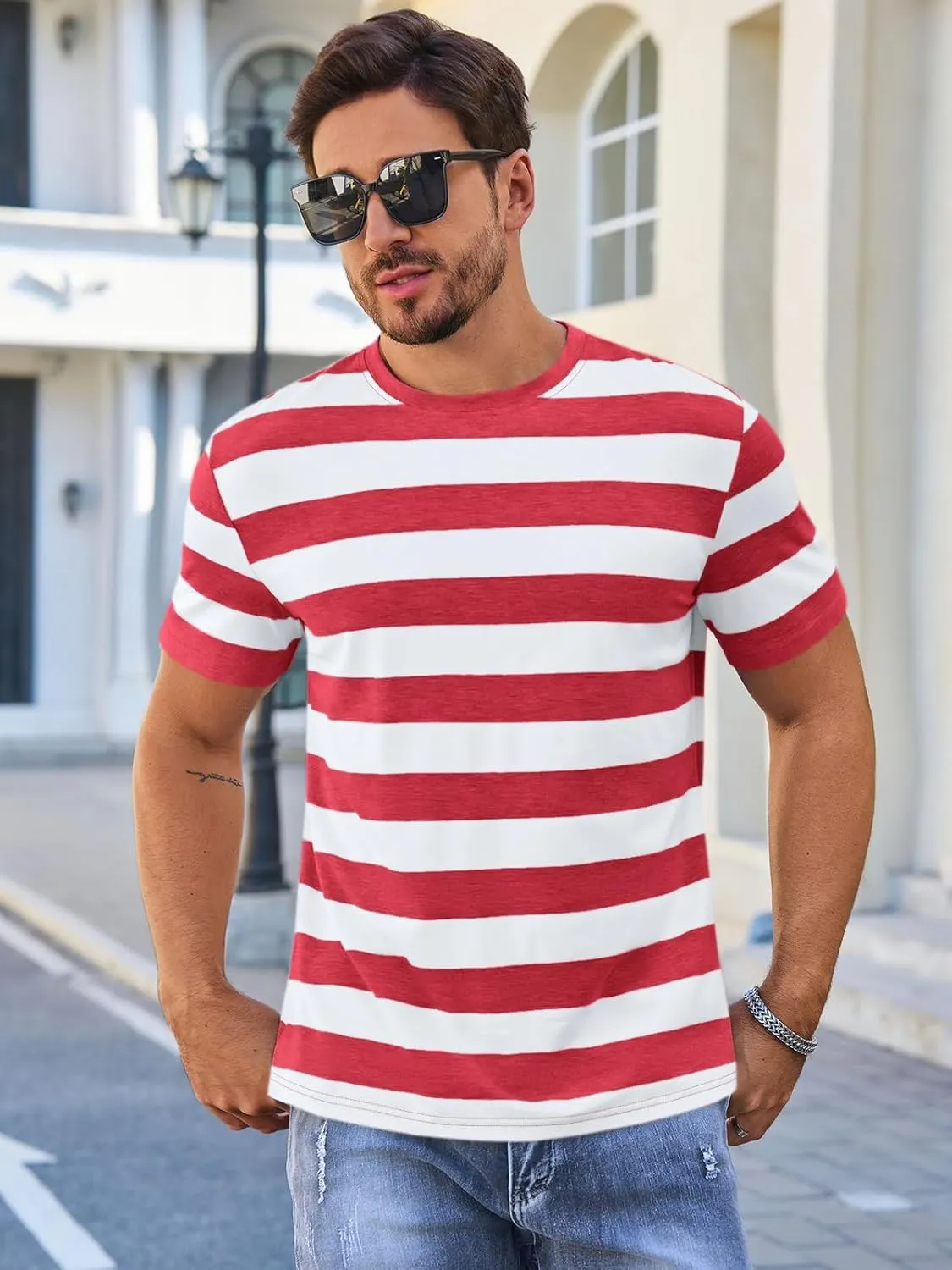 Runcati Mens Short Sleeve T-Shirts Striped Casual Crewneck Basic Shirt Color Block Stretch Summer Beach Tees