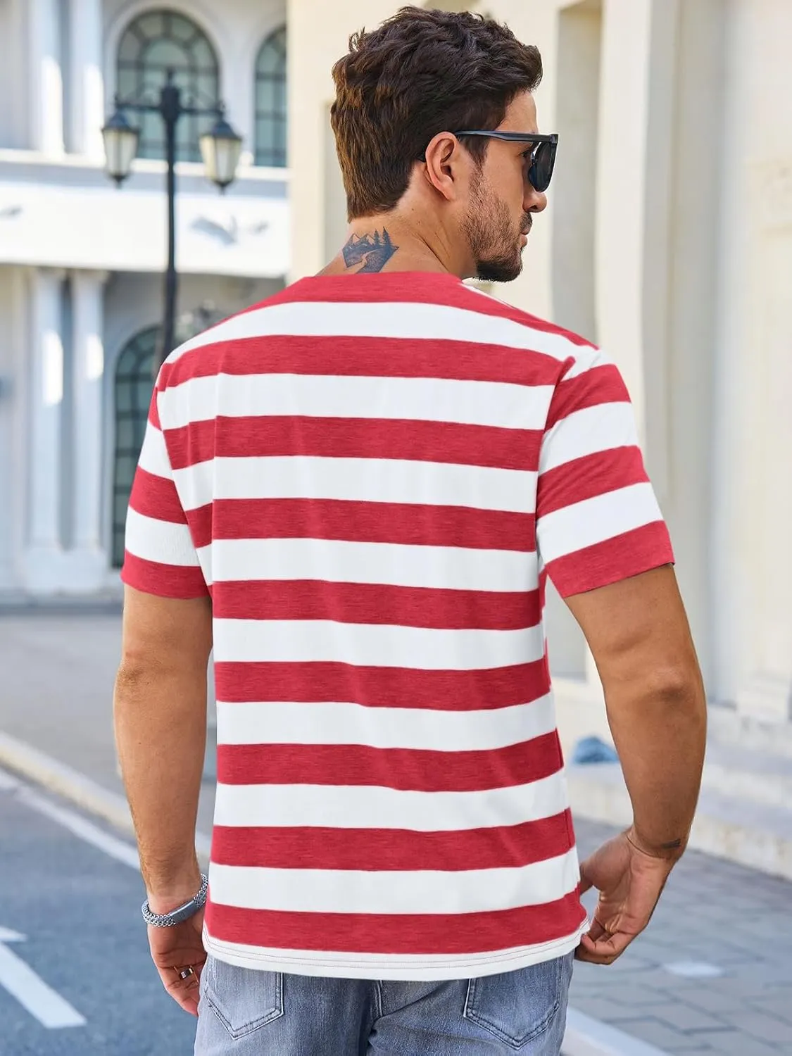 Runcati Mens Short Sleeve T-Shirts Striped Casual Crewneck Basic Shirt Color Block Stretch Summer Beach Tees