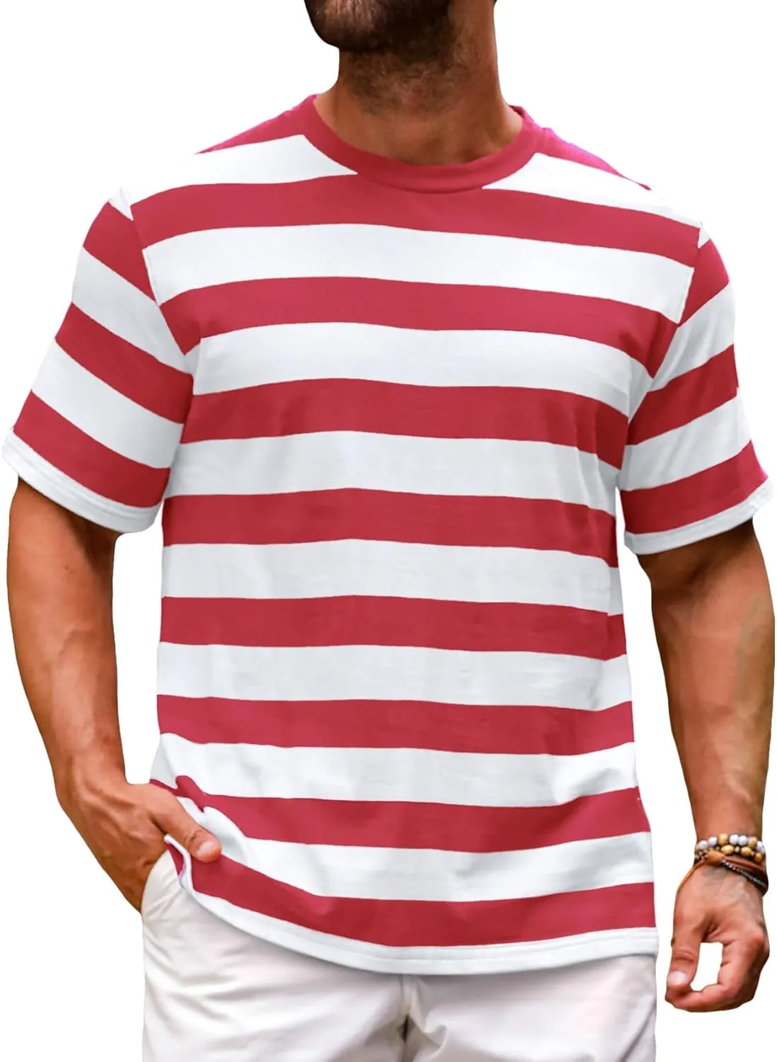 Runcati Mens Short Sleeve T-Shirts Striped Casual Crewneck Basic Shirt Color Block Stretch Summer Beach Tees