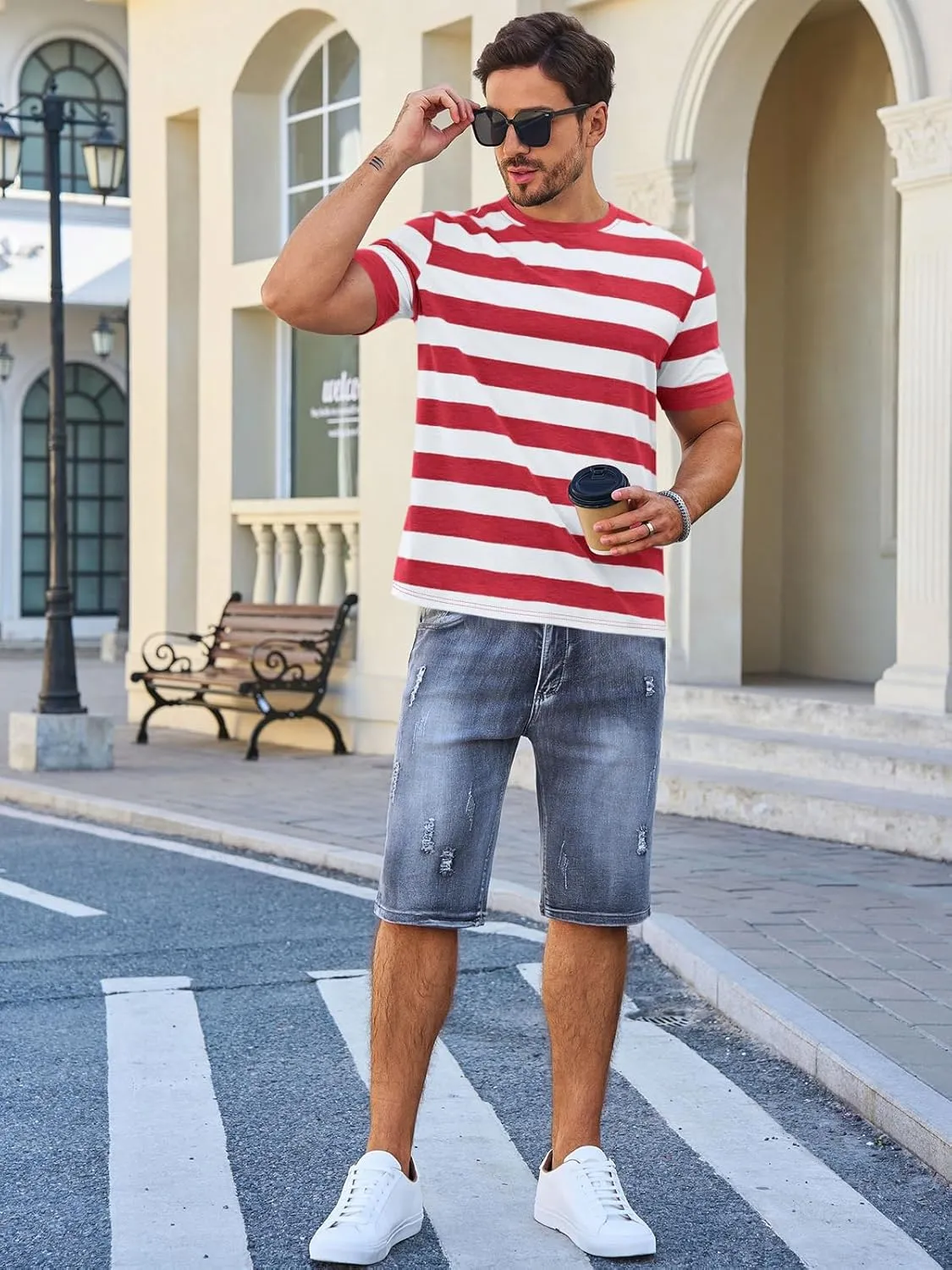 Runcati Mens Short Sleeve T-Shirts Striped Casual Crewneck Basic Shirt Color Block Stretch Summer Beach Tees