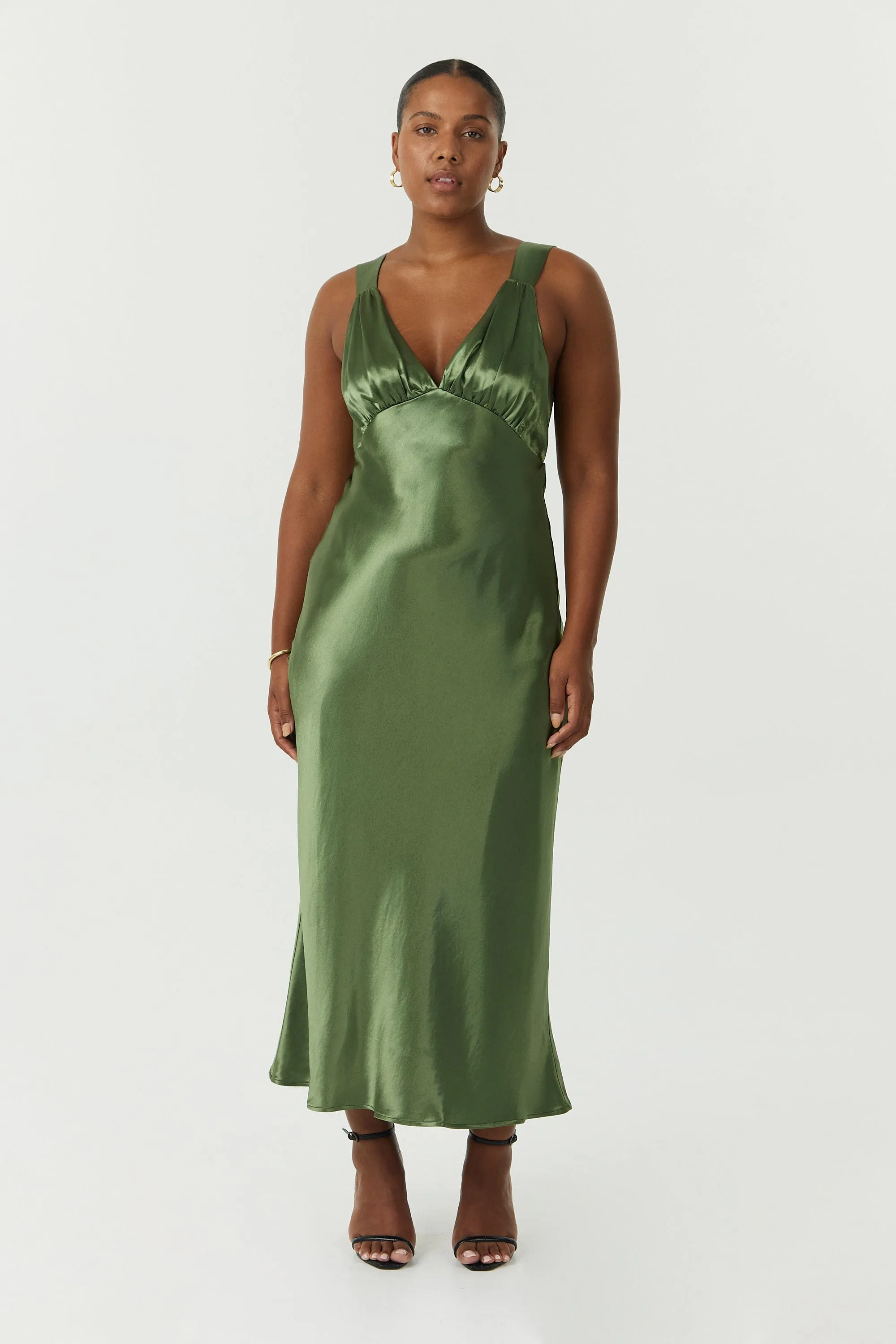 SATIN GATHER BRA BIAS SLIP | OLIVE